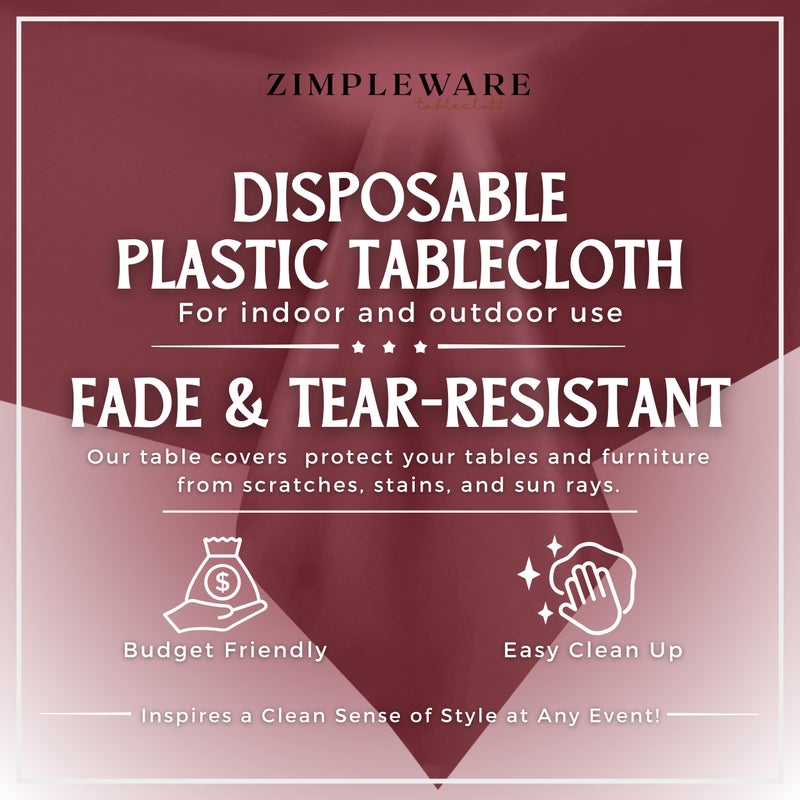 ZIMPLEWARE Premium Burgundy Plastic Table Cloth Disposable (12 Pk) Plastic Tablecloths for Rectangle Tables (54in x 108in) Party Table Cloths Disposable for 6ft to 8ft Rectangle Tables - Image 2